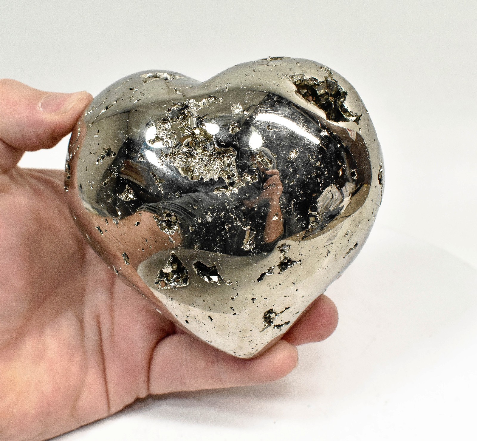 4.01" Polished PYRITE CRYSTAL HEART Carving Huanzala mine, Peru T709