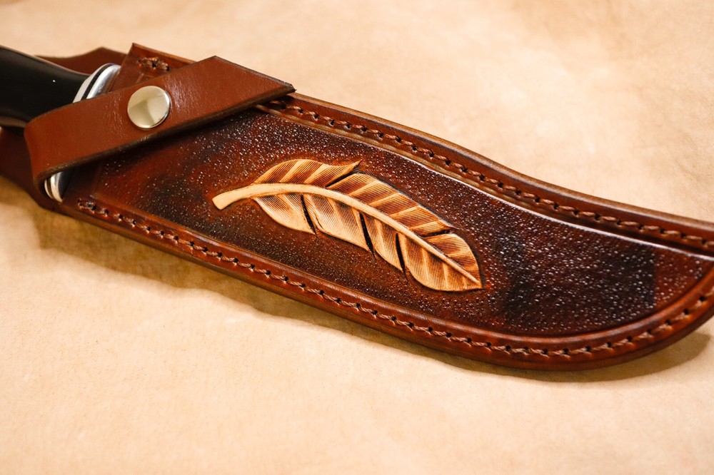 Custom Leather Sheath w/feather for Buck 120