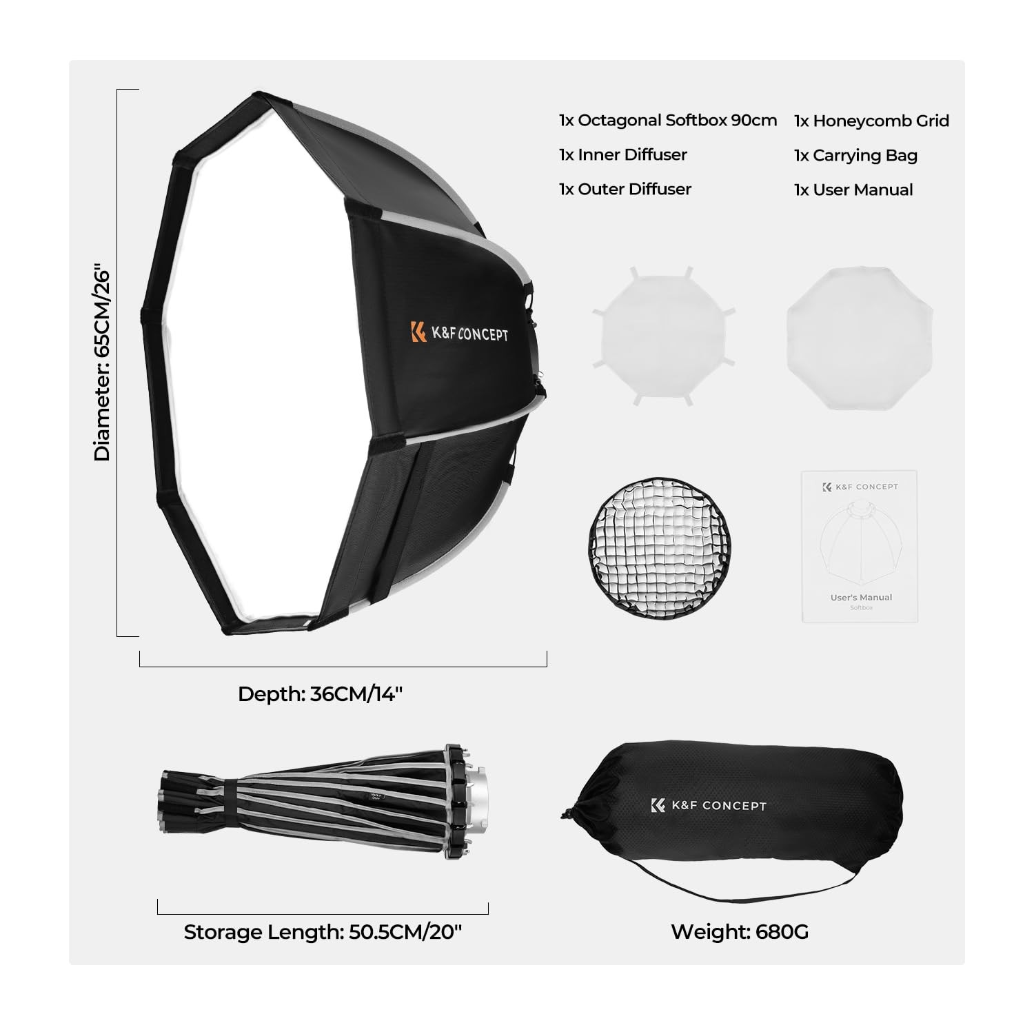 35''/90cm Octagonal Softbox, Quick Release Bowens Mount Softbox with Honeycom...