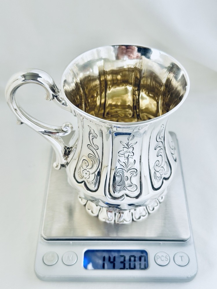 Antique Victorian Solid Sterling Silver Mug Scroll Handle Sheffield 1850