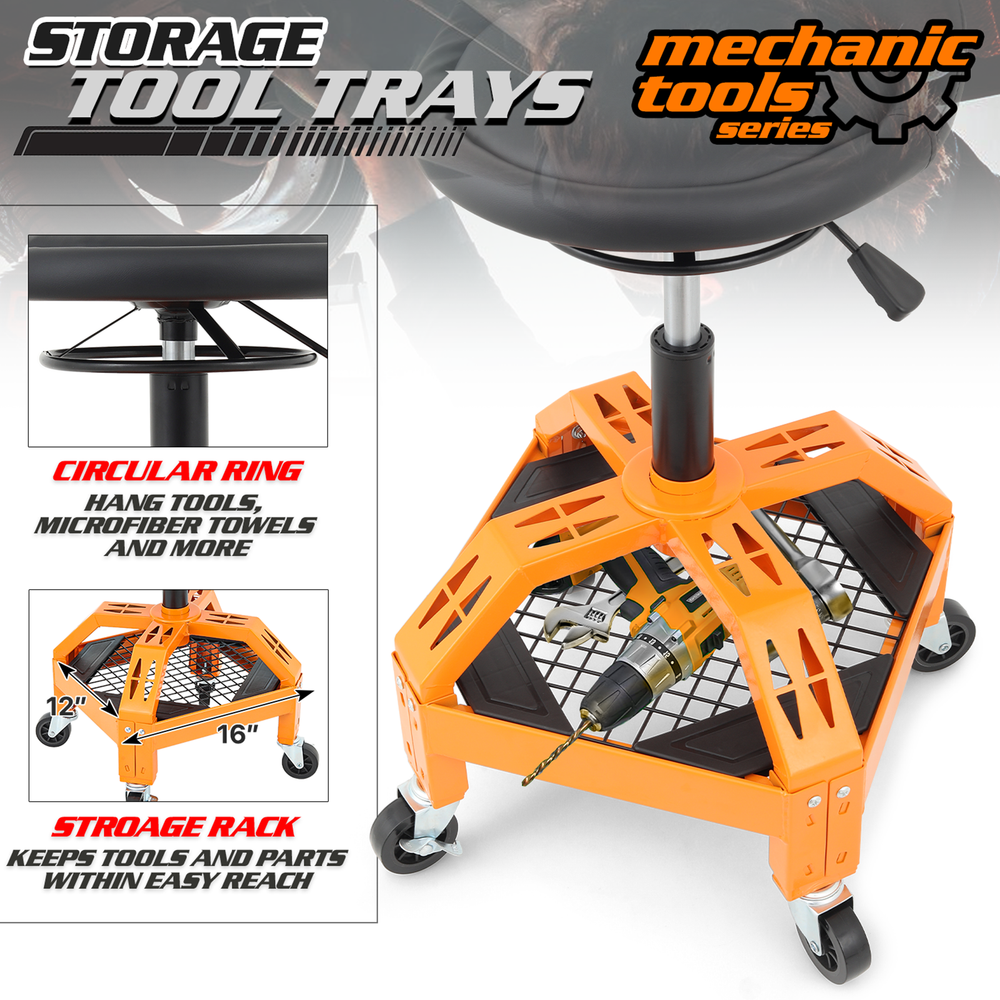 Rolling Garage Workshop Stool Adjustable Height Padded Creeper Seat w/Tool Tray