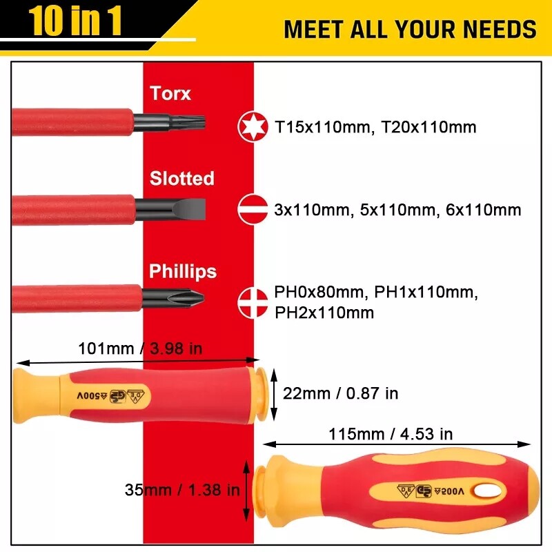 10-in-1 Electrician Insulated Screwdriver Set Magnetic Tip Slotted Phillips Tool