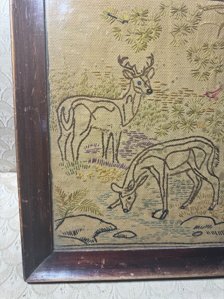 Vintage Needlework "Deer In Landscape Scene" - Framed