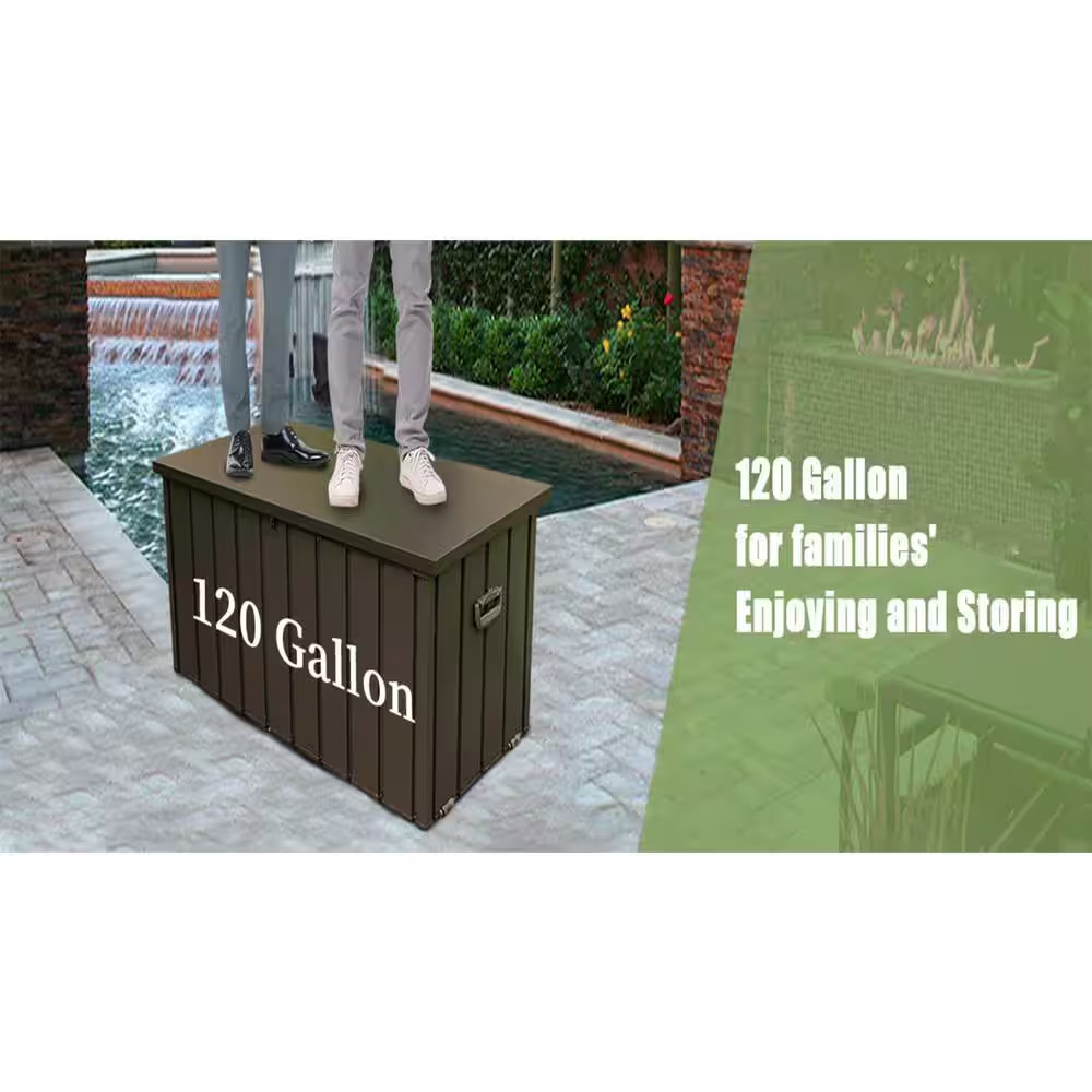 120 Gal. Dark Brown Steel Deck Box, Outdoor Waterproof Large Patio Storage Bin f