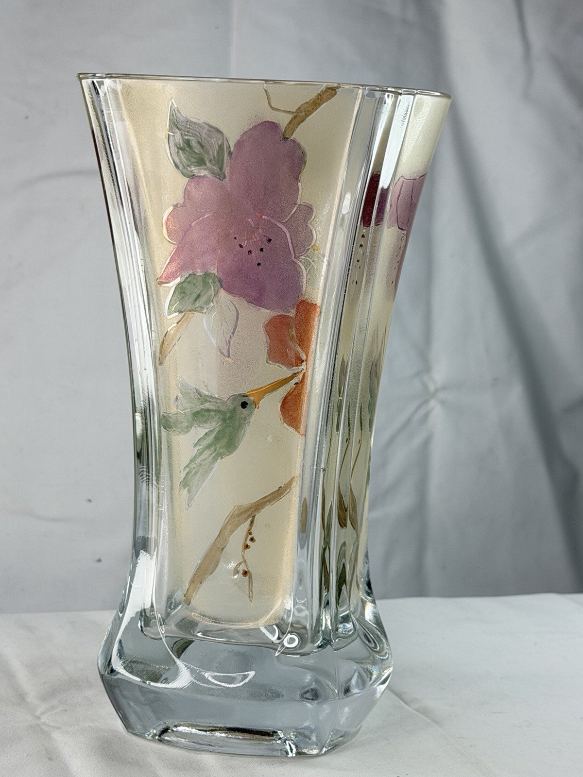 Miki Takachiho Signed Art Glass Vase Hummingbird Purple Floral Hand Painted 10"