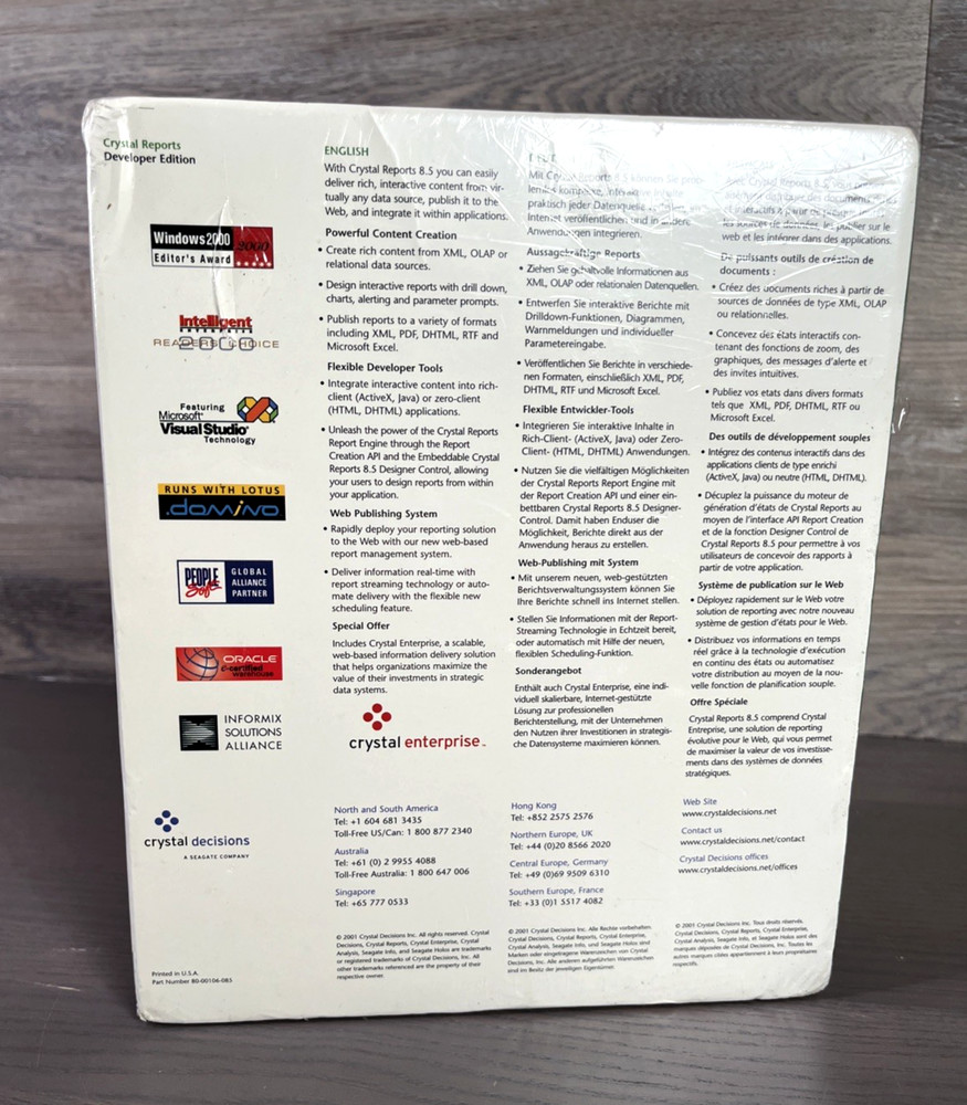 Crystal Reports 8.5 Developer Edition Windows New Factory Sealed Box