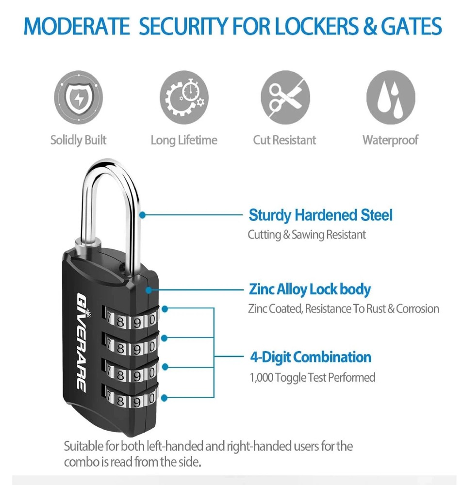 4 Pack Combination Lock, 4-Digit Padlock Keyless, Resettable Luggage Locks