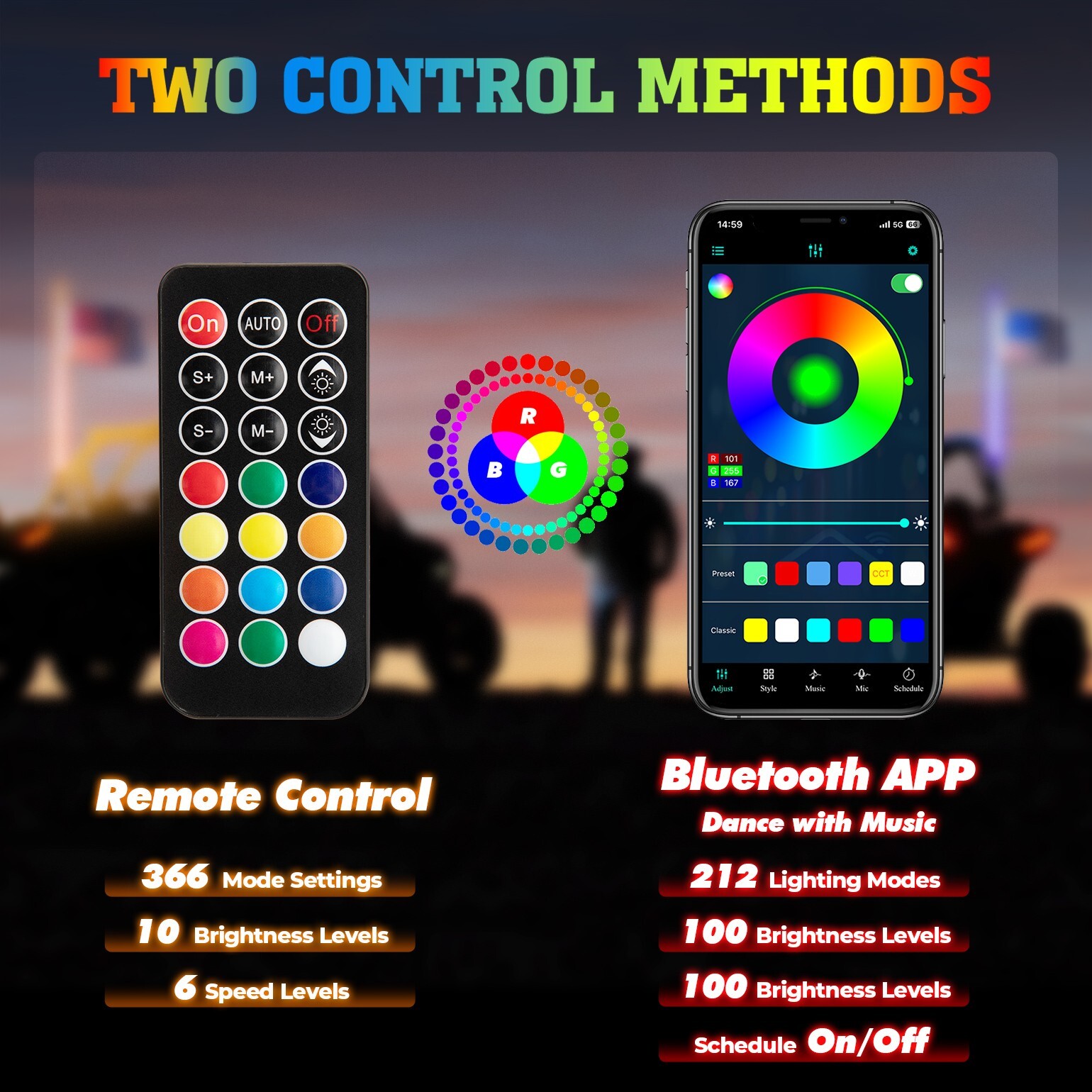 App Control 3ft Pair LED Whip Lights Advanced Bluetooth RGB Spiral for UTV ATV