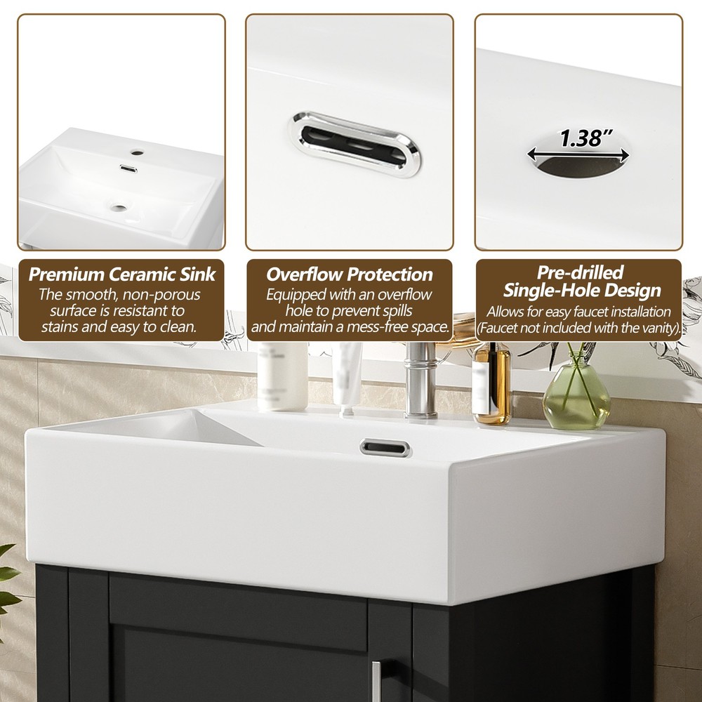 Black Modern Bathroom Vanity with Ceramic Sink, Solid Wood Frame，Storage Drawer