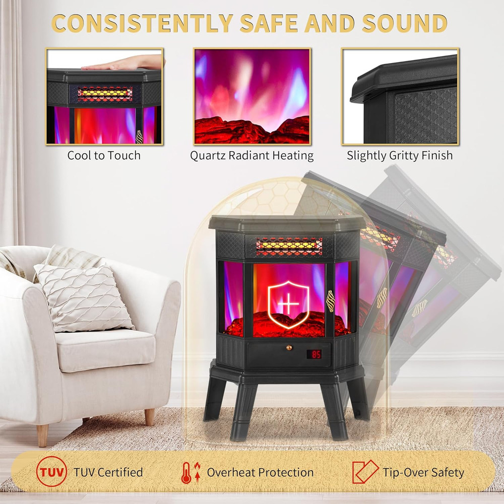 22" Electric Fireplace Heater with 3D Flame, Remote, Timer & Safety Features