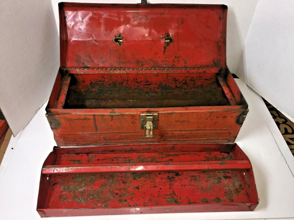 Vintage Toolbox Tool Box With Tray Solid Red FULLY FUNCTIONAL Extra Storage Auto