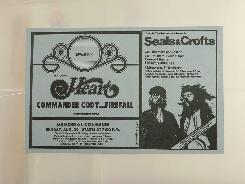 HEART / COMMANDER CODY / FIREFALL, 9/29/76 - SEALS & CROFTS / 9/27/76 Handbill