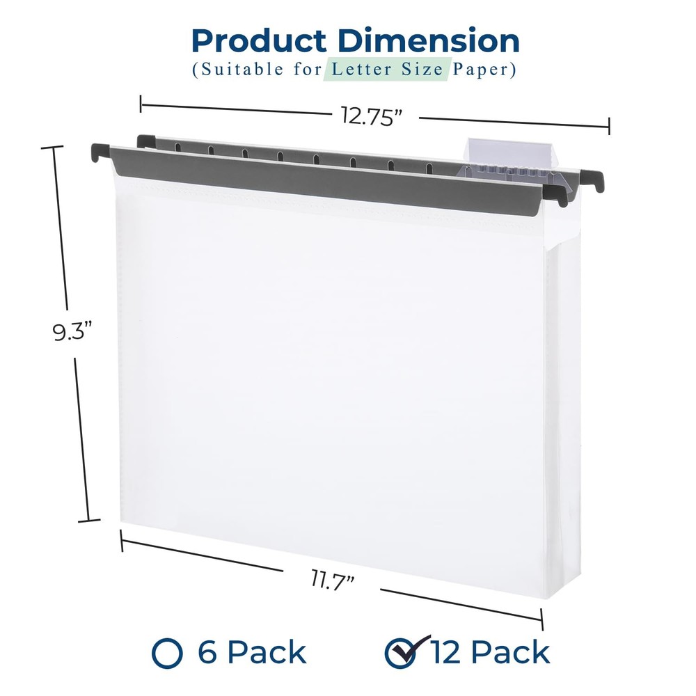 Plastic Extra Capacity Hanging File Folder, Letter Clear Letter Size - 12 Pack