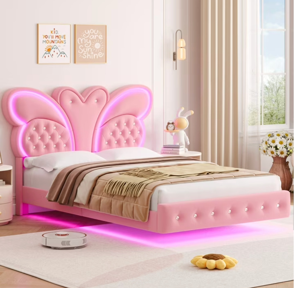 Platform Bed Frame Full Size Butterfly LED Adjustable Headboard for Kids Pink