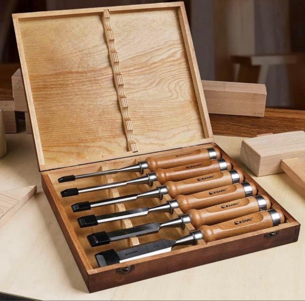 Chisel Set 6pc Wood Box CR V Handle Beech Carving Tools 6 10 12 16 20 25mm