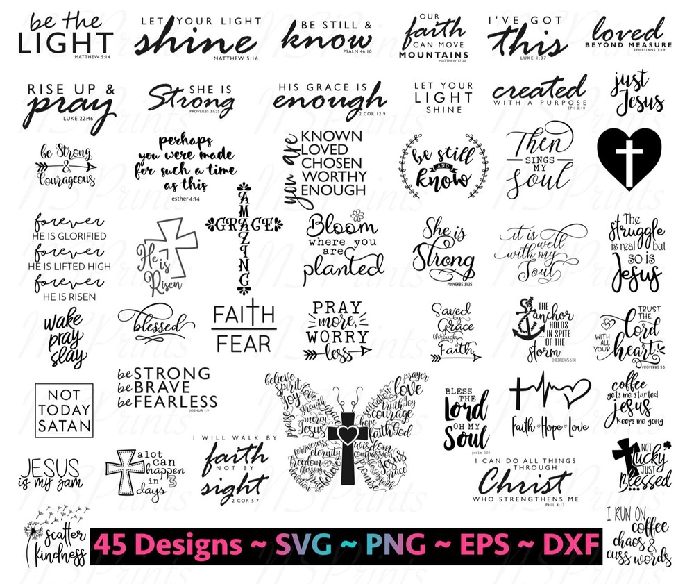 45 Christian Bundle SVG, Scripture Bundle, Instant Download, Bible Verse Bundle