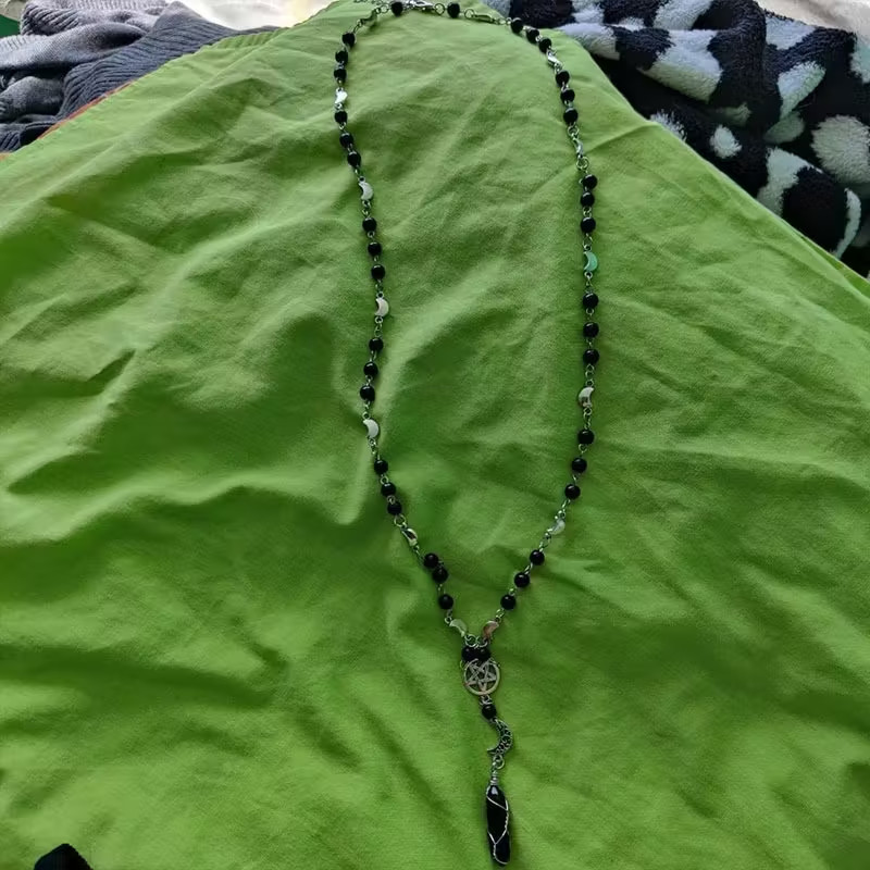 Gothic Rosary Pagan Prayer Beads Moon Black Onyx Stone Pentagram Necklace