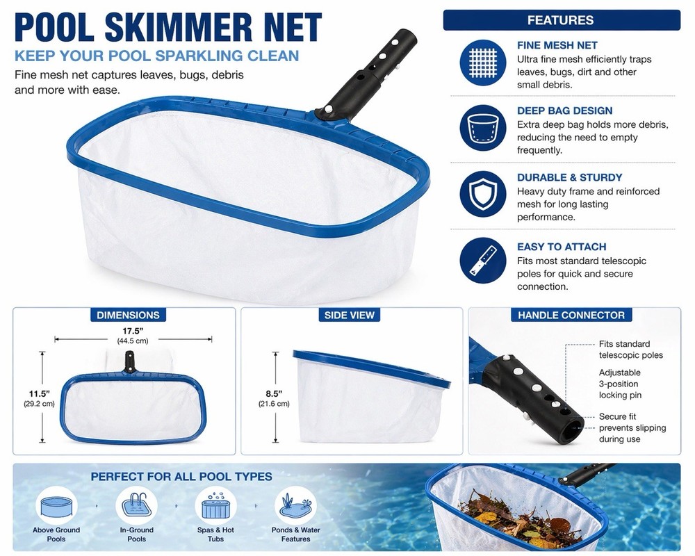 Pool Skimmer Net Fine Mesh Leaf Rake Deep Bag Cleaning Tool w/ Handle