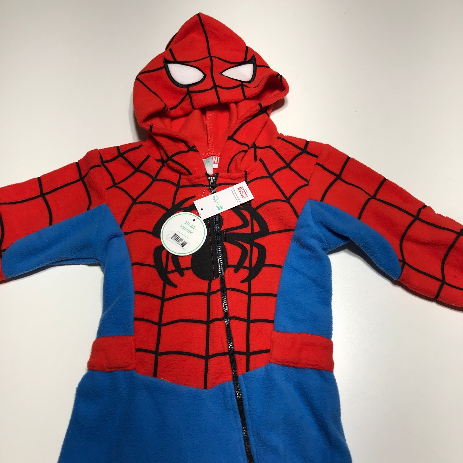NWT Cuddle Club Marvel Fleece Spiderman One Piece Hooded Costume Toddler 18-24 M
