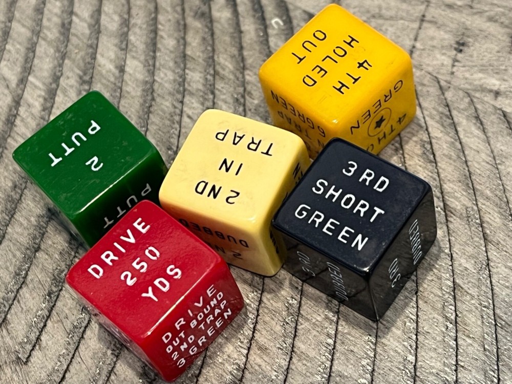 Old bakelite Galloping Golf oversized dice cube set cherry apple + 120123@