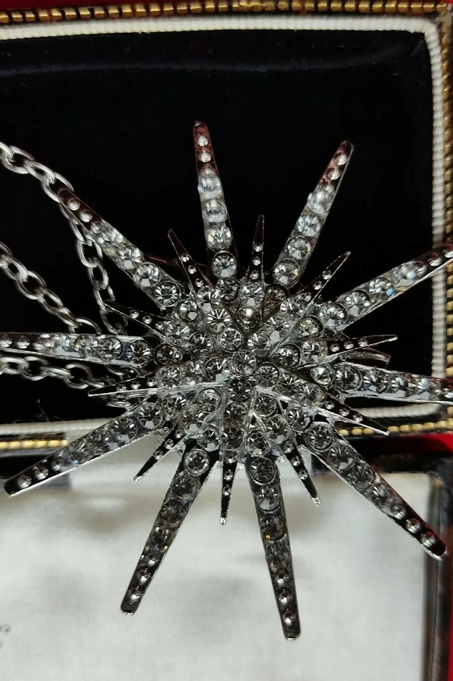 Vintage Style Art Deco Celestial Astrology Crystal Star Brooch Pin & Chain Set