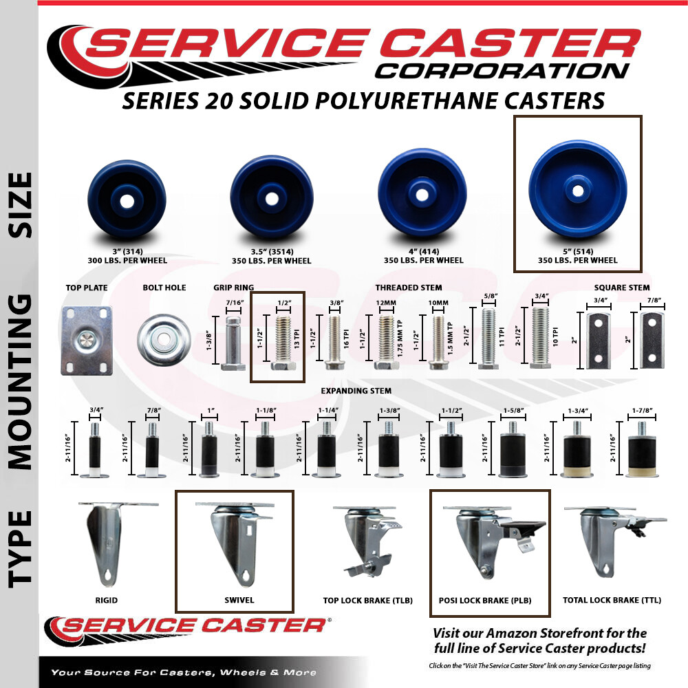 5 Inch Solid Polyurethane ½ Inch Threaded Stem Caster Set with Brake