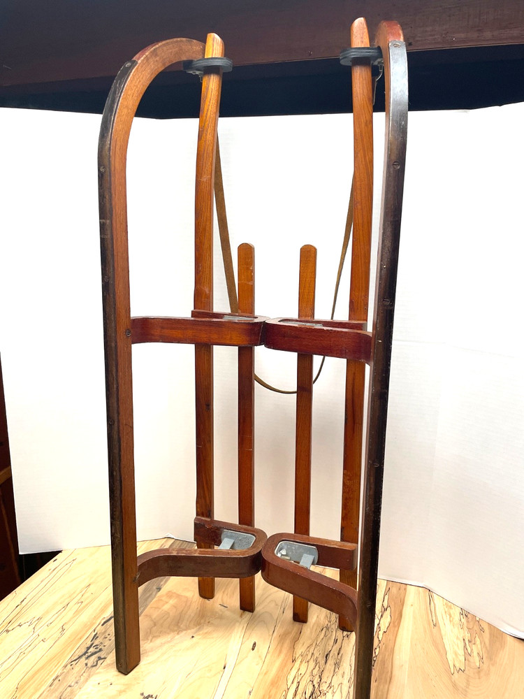 VINTAGE DUTCH WOODEN SLED BY POLYCOMB WITH LEATHER PULL