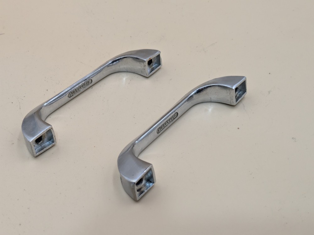 Pair Vintage Surrey Ware Mid Century Kitchen Cabinet Drawer Pull Handle Chrome