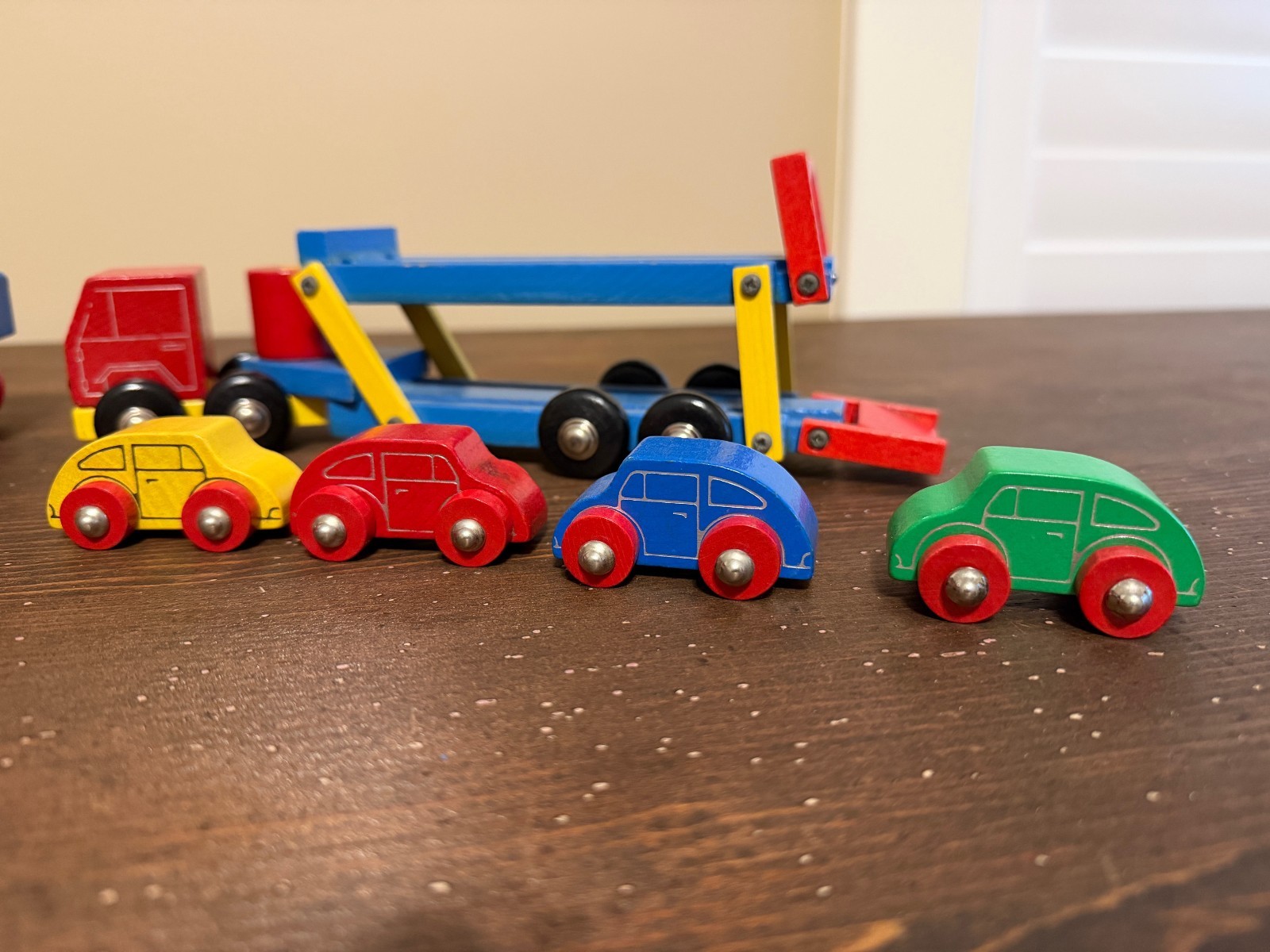 Western Germany Vintage Heros Wooden Toy Car Transporter and Crane Truck Trailer