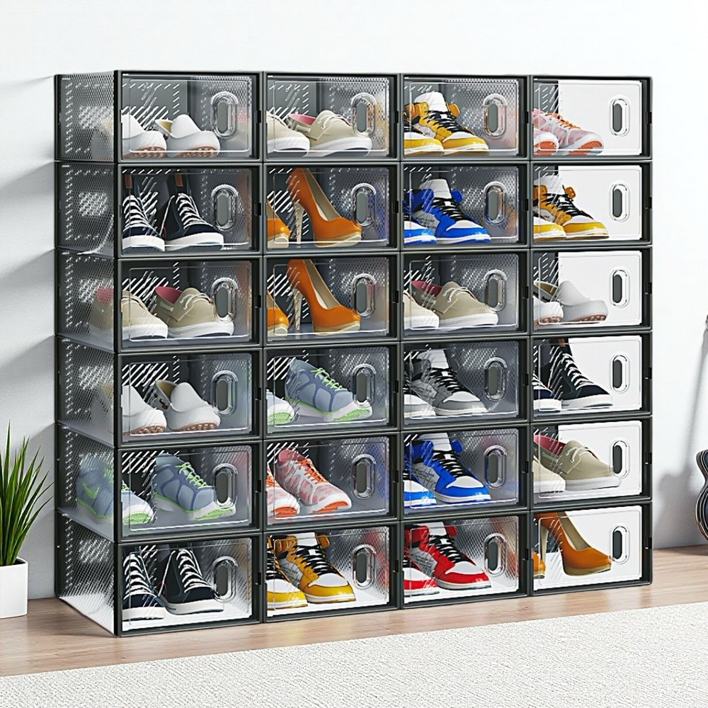 24-Pack Shoe Storage Boxes - Stackable, Door, Plastic Mesh, Black & Small Size