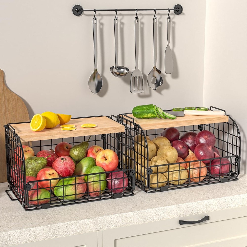 2 Set Stackable Wire Basket with Openable Top, Kitchen Counter, Pantry Organi...