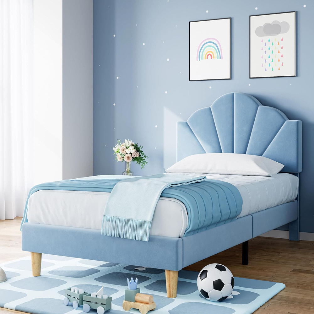 Twin Bed Frame, Velvet Upholstered Platform Bed Frame with Height Adjustable Hea