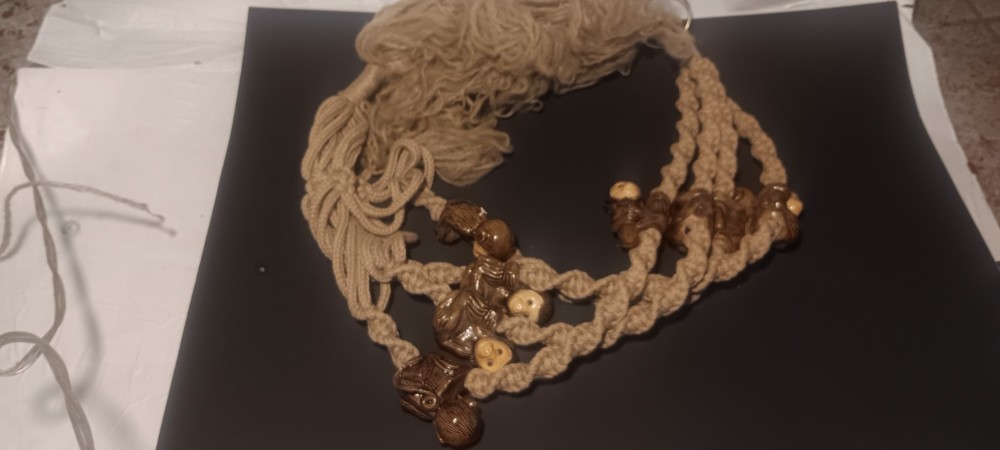 Vintage Boho Brown Macrame Ceramic Monkey Bead Hanging Plant Holder