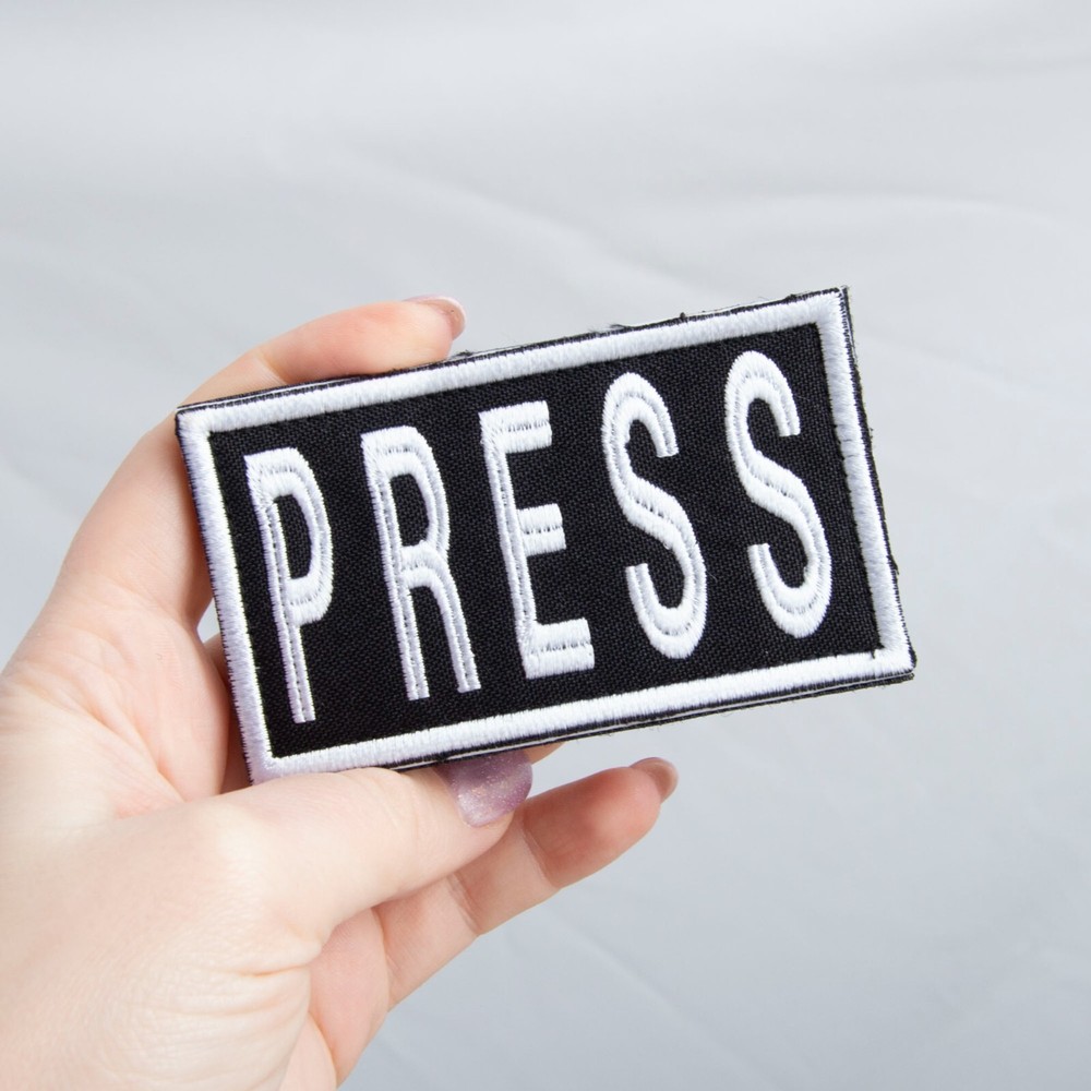 3-Piece Embroidered PRESS Patch for Vests, Jackets, Large & Small, Black & White