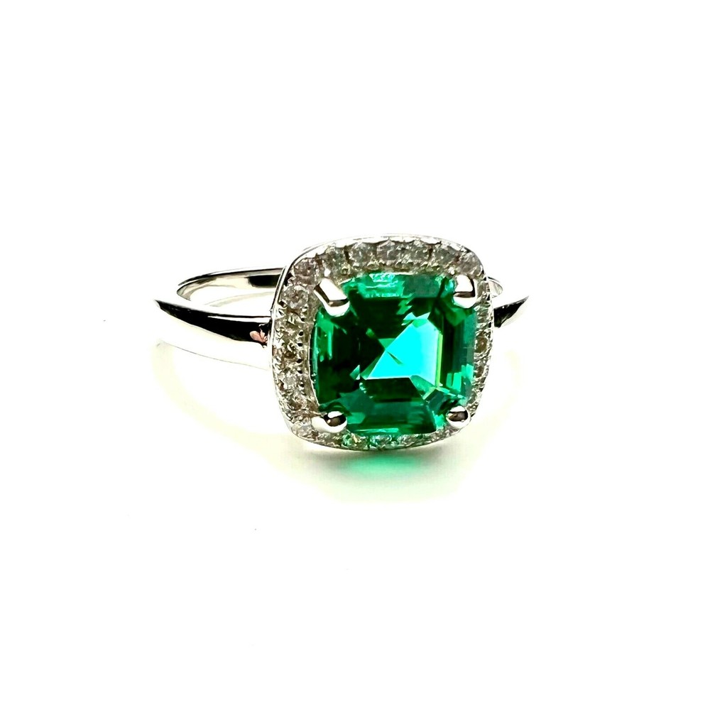 Lab Made Emerald Engagement Ring Solid Sterling Silver 925 , May birthstone