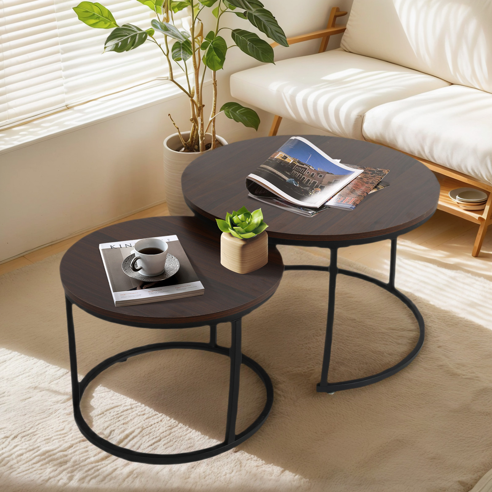 Nesting Coffee Table Set Round Side End Tables w/ Metal Legs Living Room Modern