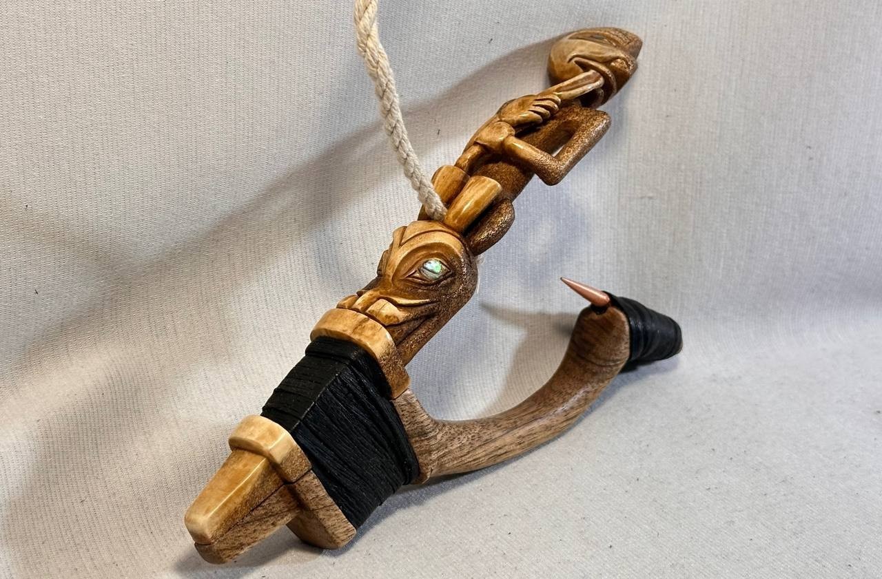 Shaman and Wolf Totem Halibut Hook, Shell Inlay, Northwest Coast Design