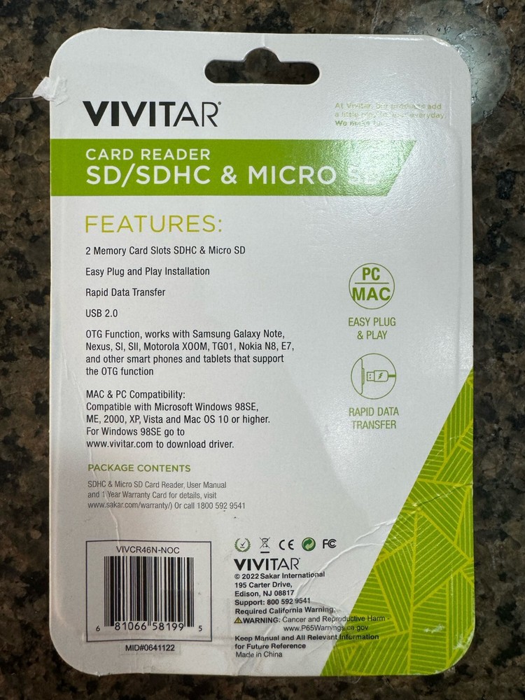 Vivitar - VIVCR46N-NOC - SDHC / Micro SD Card Reader Connect USB A / Micro USB