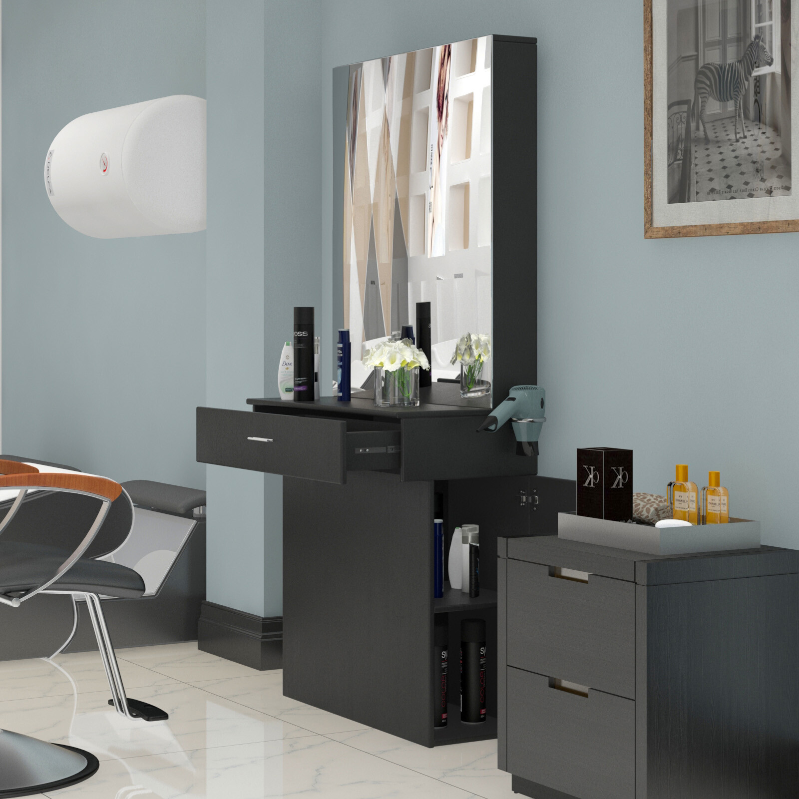 Black Wall Mount Barber Station W/Mirror Dressing Table Beauty Spa Salon Styling