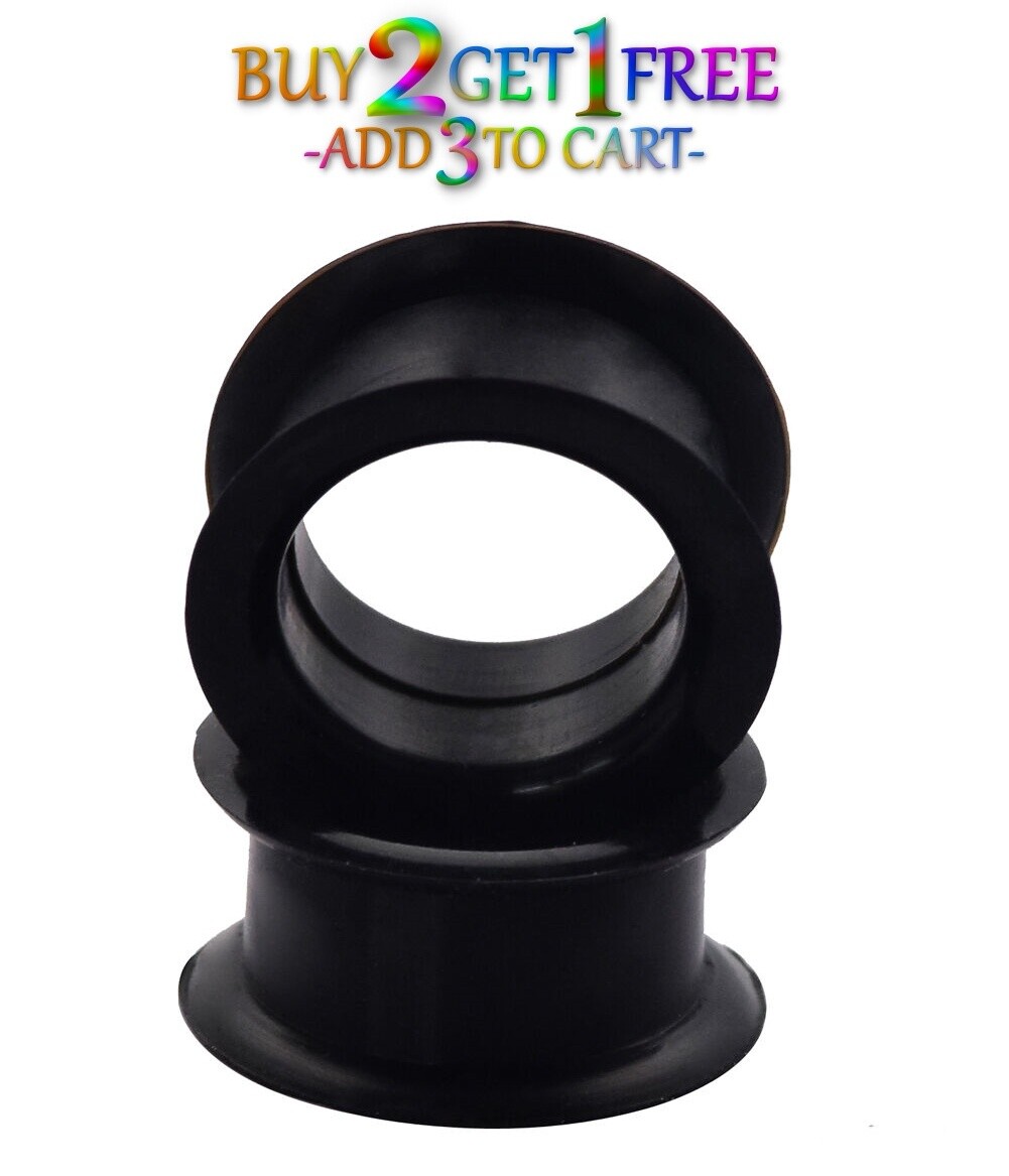 Pair 8g-50mm BLACK SILICONE EYELET TUNNELS Double Flare Gauges Thin Flesh 1032
