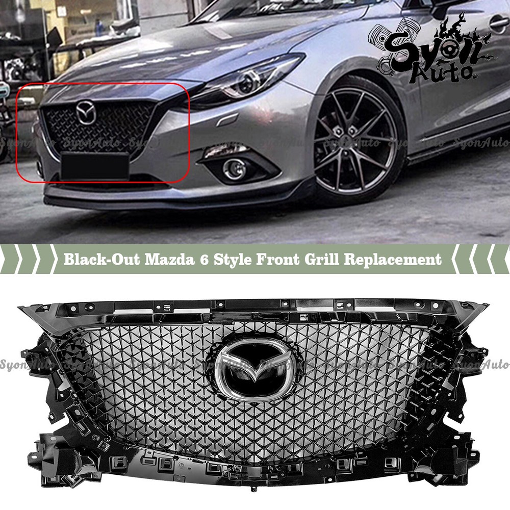 FITS 2017-2018 MAZDA 3 GLOSSY BLACK HONEYCOMB FRONT GRILL REPLACEMENT W/ EMBLEM