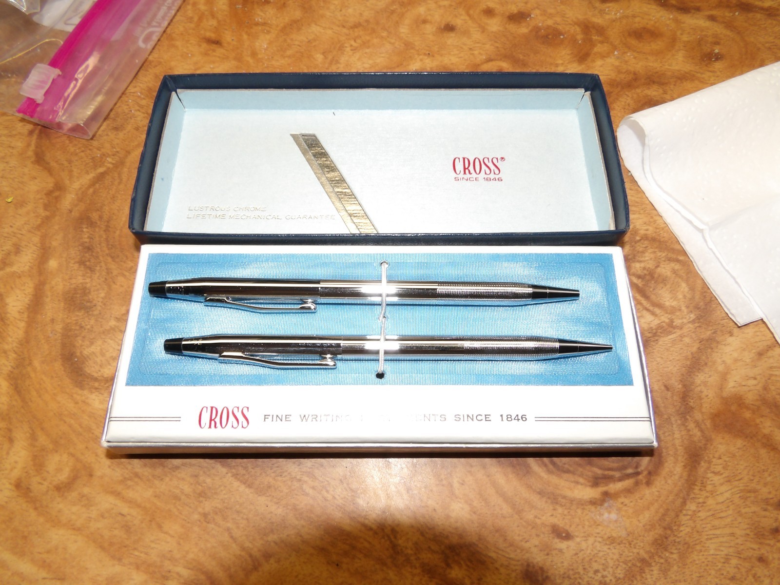Vintage Cross 3501 Chrome Silver Tone Ball Pen and Pencil Set In Box Slim NOS