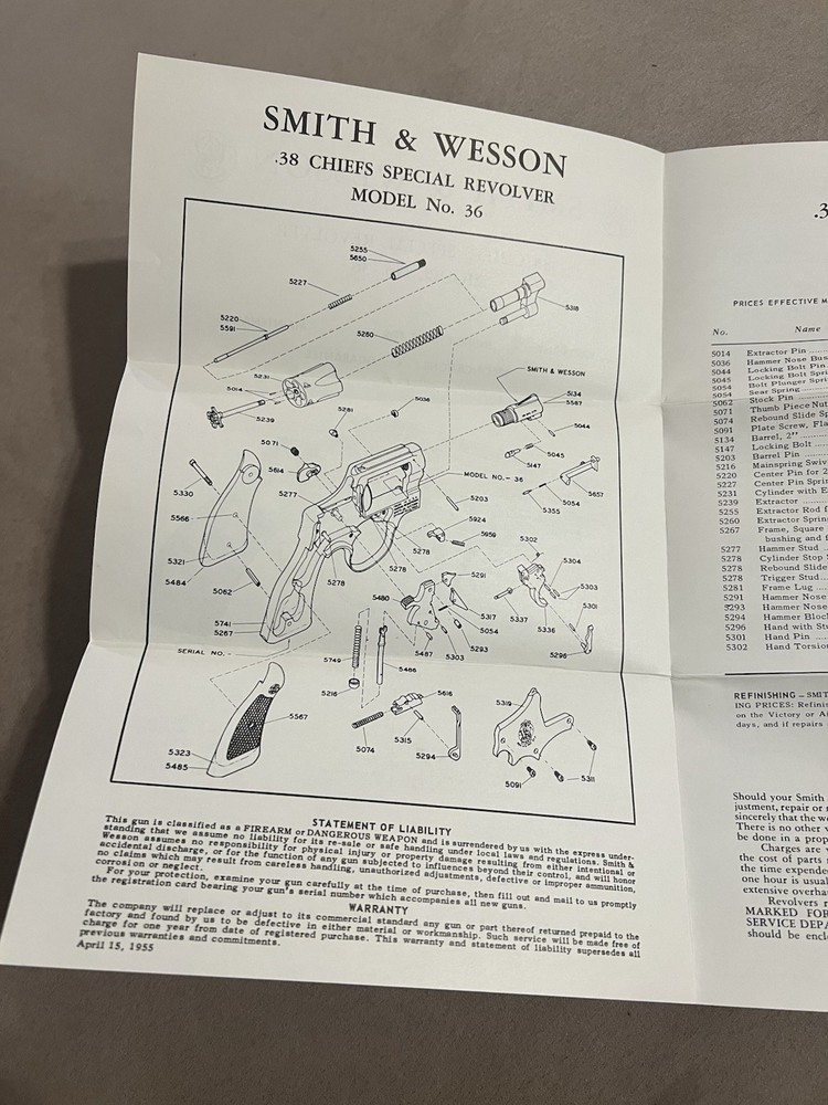 Factory Original Smith & Wesson Model 36 Manual S&W