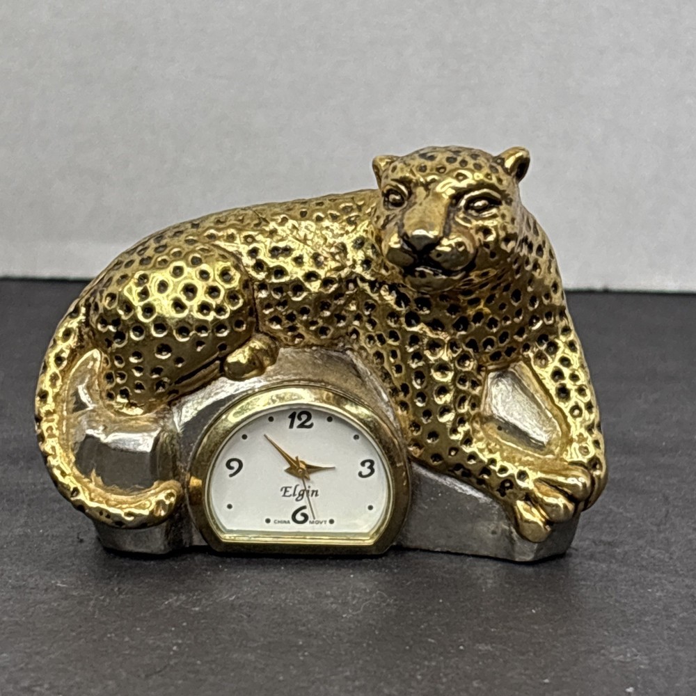 Elgin Leopard Desk Top Mini Clock Goldtone Untested