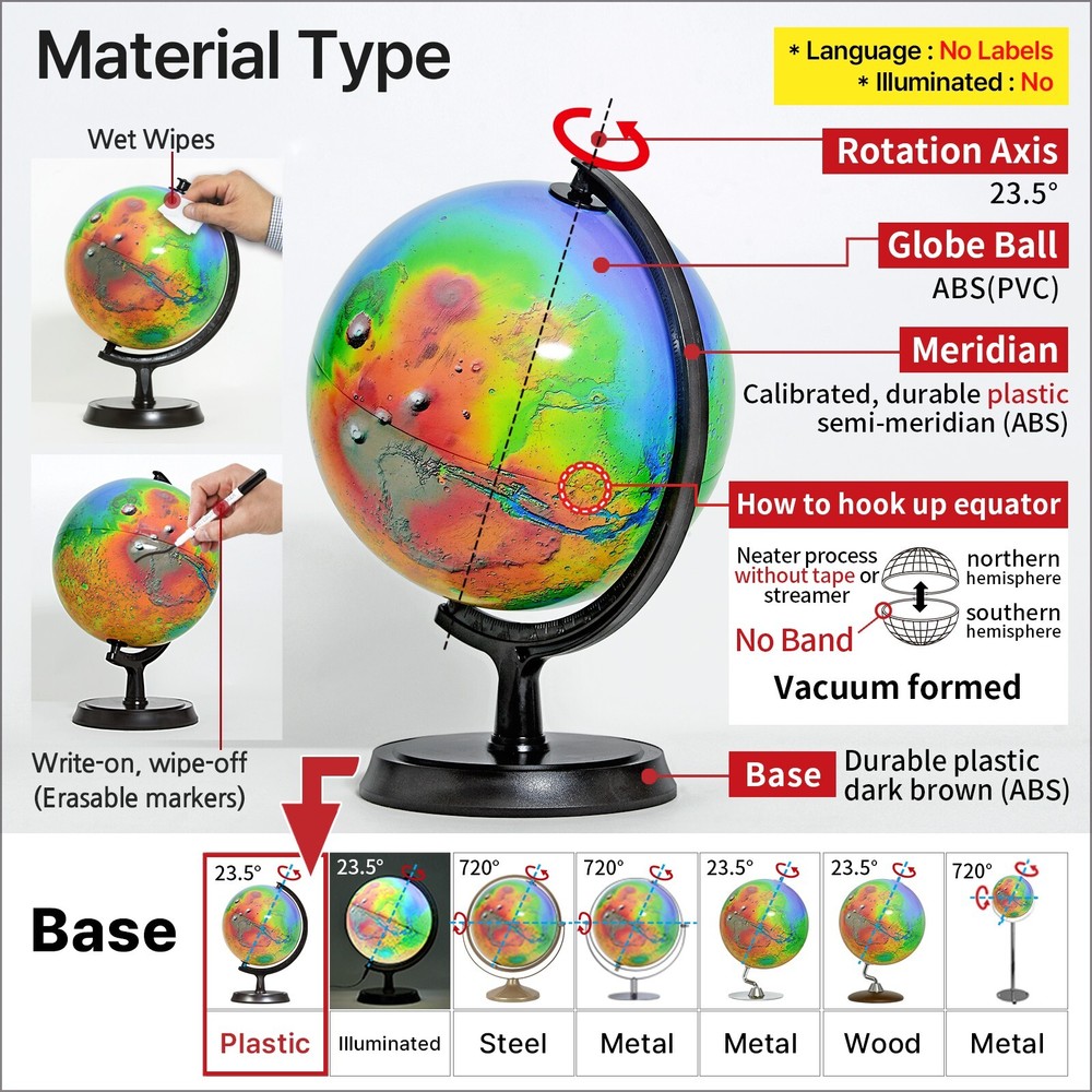 Mapsoft Guide Topography Blank Mars Globe No Labels, 24cm/9.5″, RT2-24