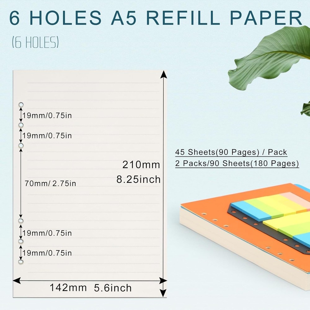 A5 Lined Paper Inserts - 180 Pages, 5 Dividers & Sticky Notes for Study
