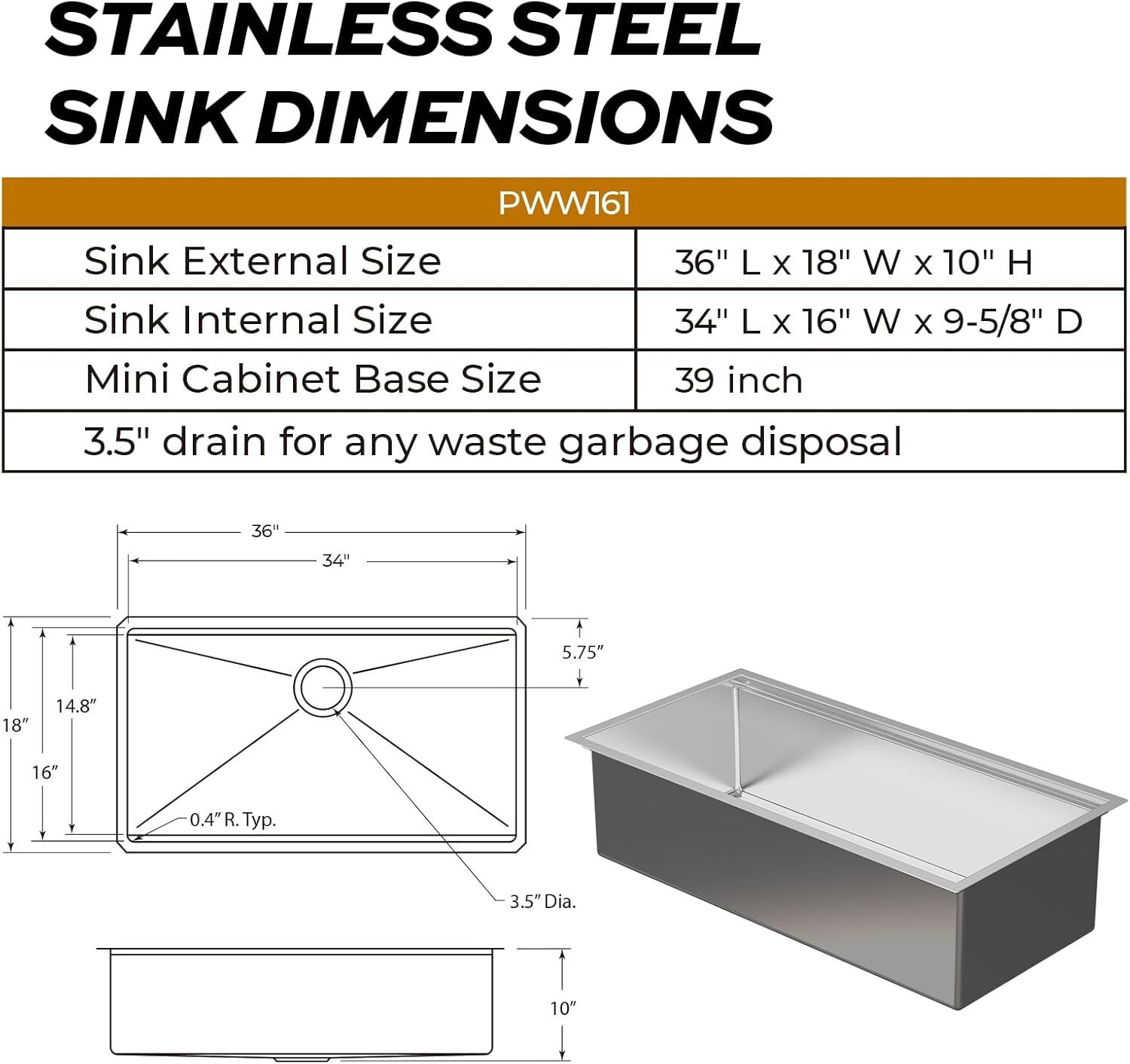 TECASA 36'' Workstation Kitchen Sink Stainless Steel Single Bowl 16 Gauge - USED