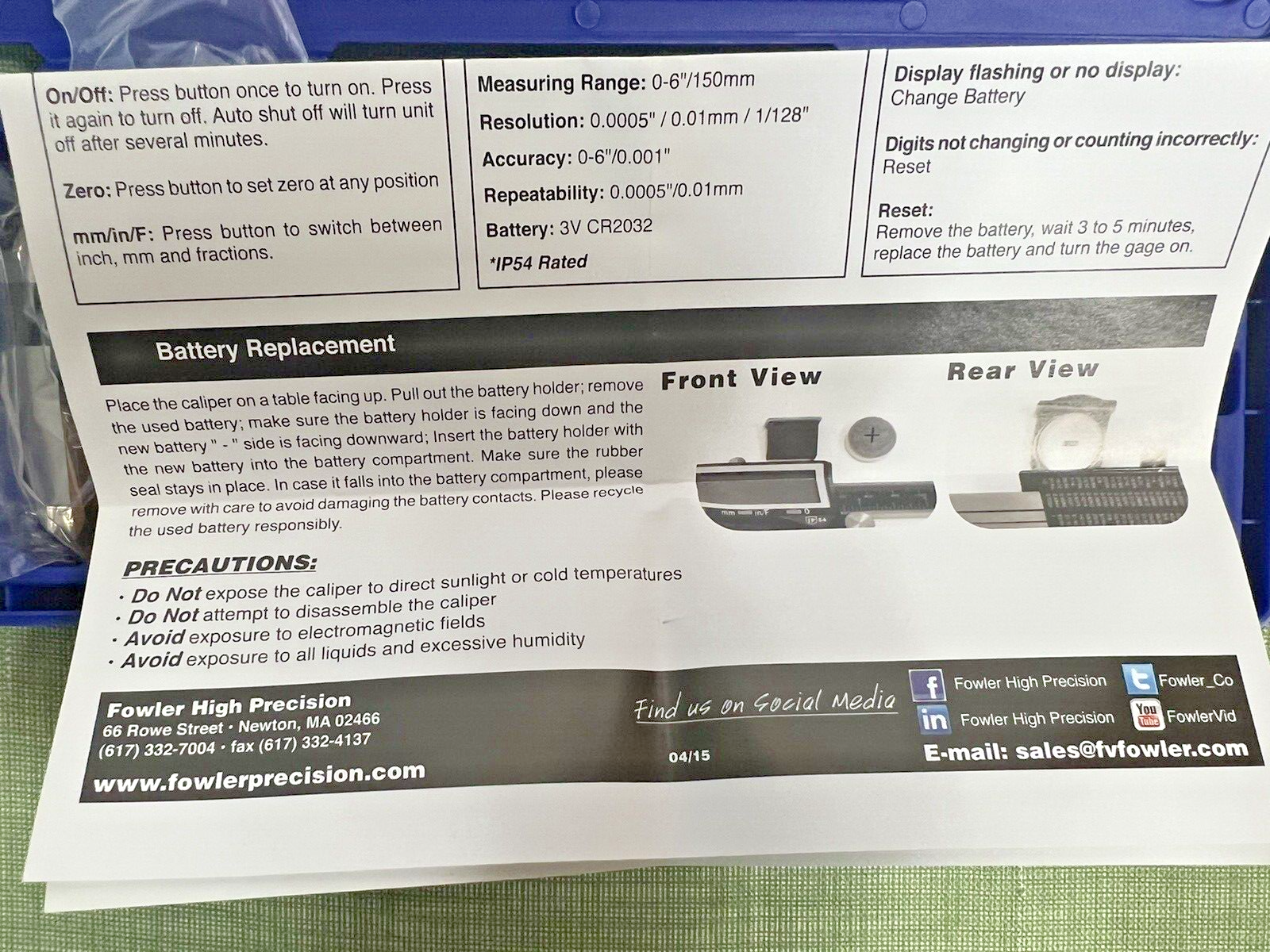 NEW Fowler 54-103-006-0 Electronic Caliper 0-6"/150mm Range, .0005"/0.01mm
