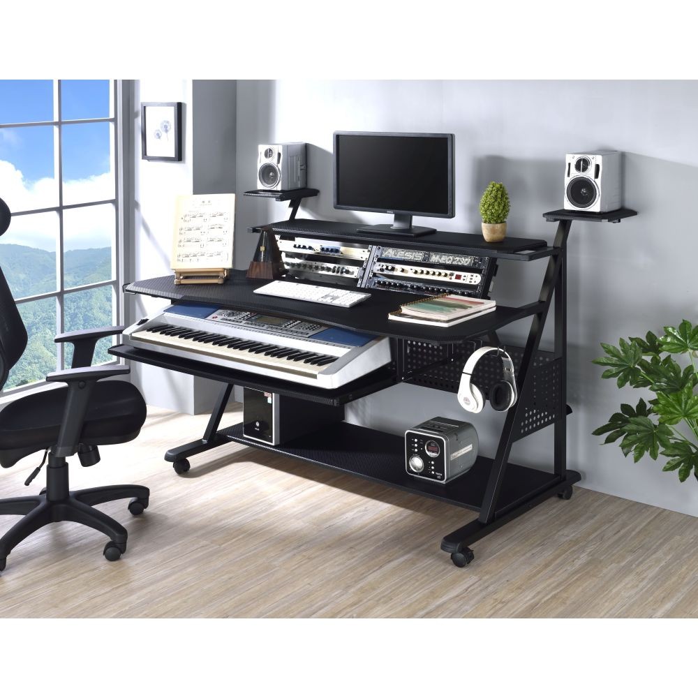 Audio Workstation Desk - Speaker Shelves & Cable Holes - Rectangular Design