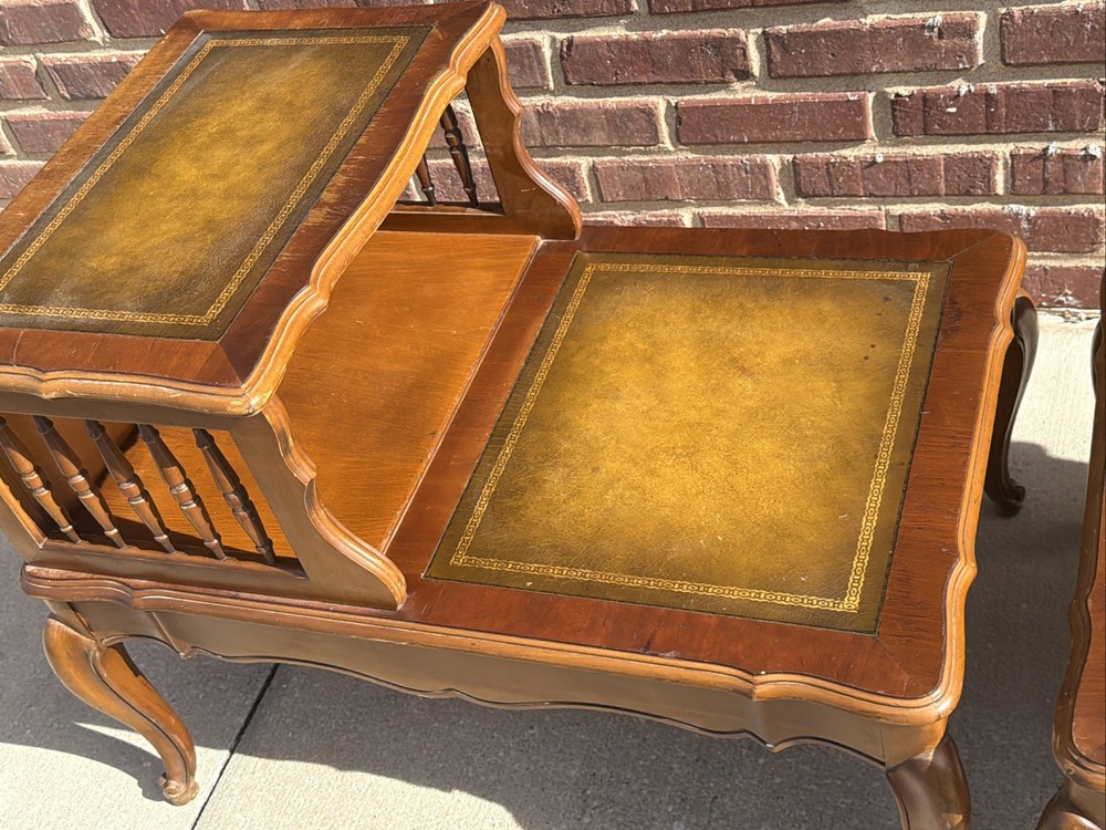 PAIR Step-Back Tooled Leather Top ANTIQUE Side End Tables